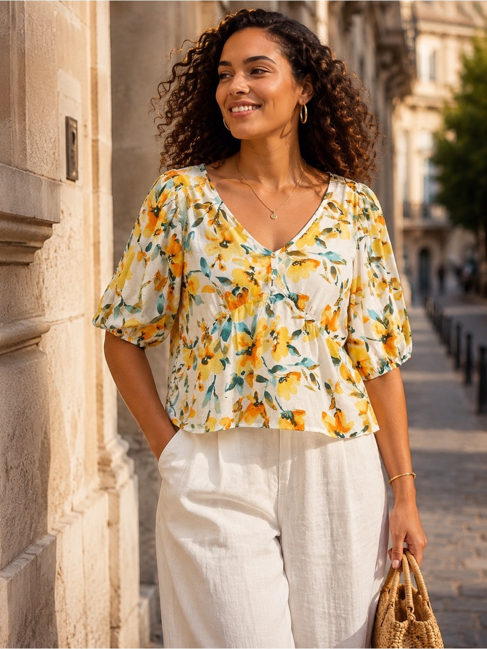 Gap Floral Peplum Blouse White Yellow Large Cottagecore Summer Boho